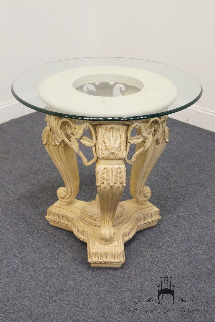 high end used furniture glass top ornate carved tall pedestal accent table inch buffet lamps pool and patio yellow chair pin legs laminate threshold ramp kirkland modern console