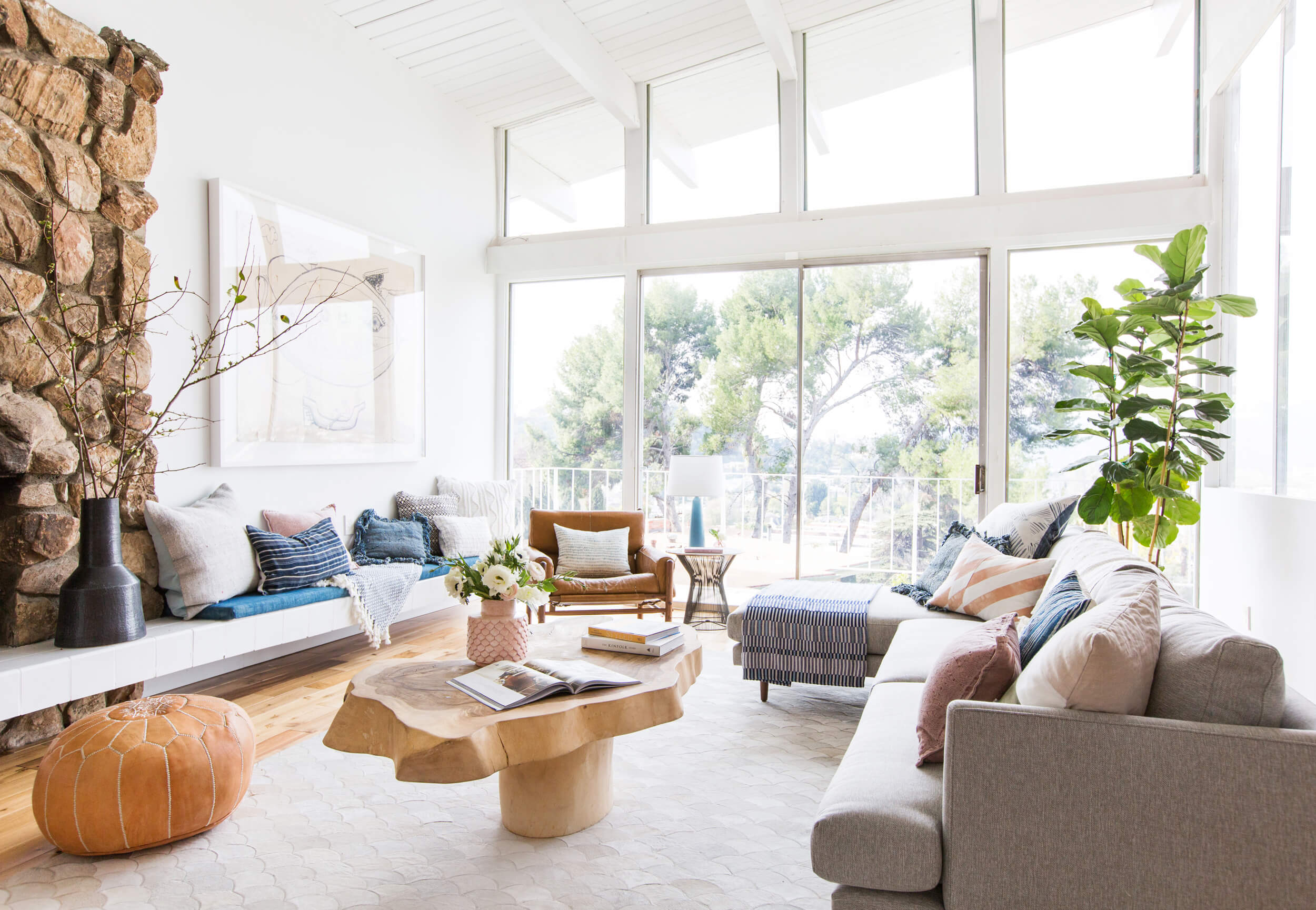 how styled our living room sell emily henderson staged boho mid century eclectic blue white couch sectional jules small accent table safavieh couture marble office pottery barn