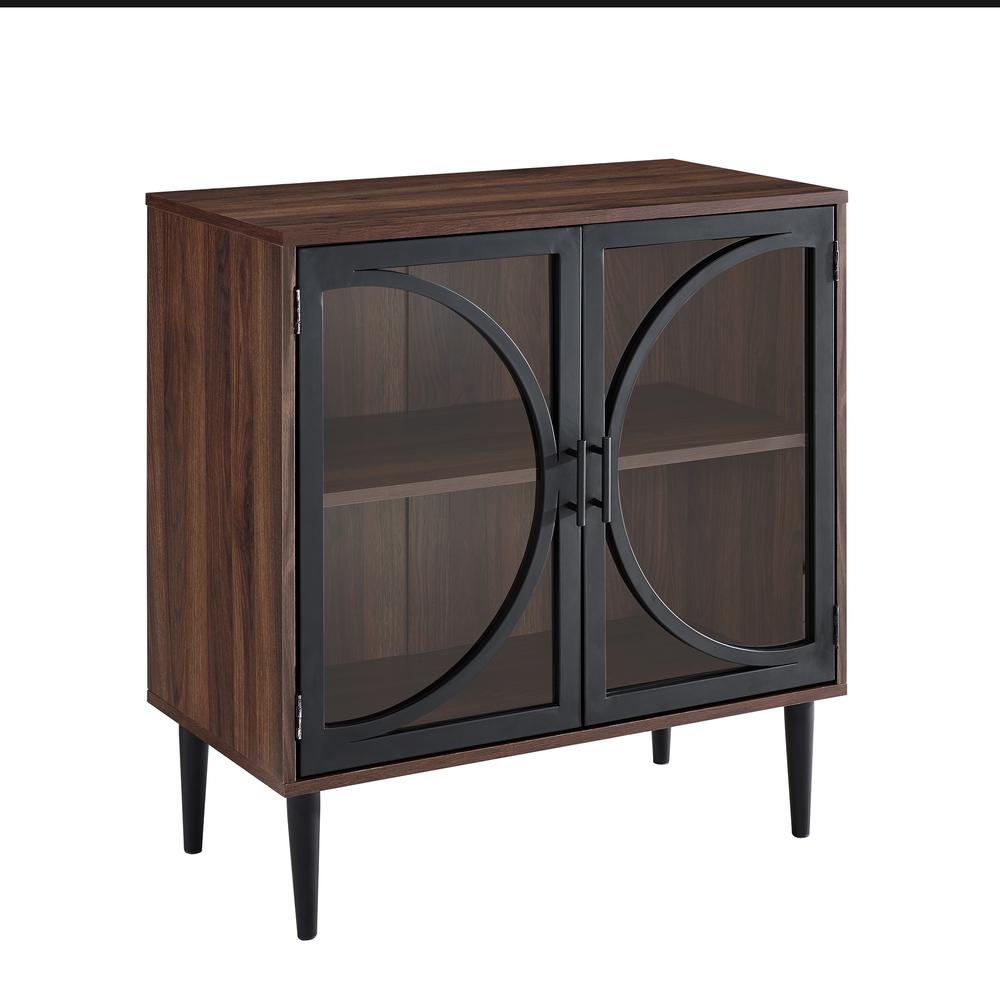 industrial chic accent cabinet with tempered glass doors dark table walnut large circular tablecloths mats tennis racket torch lamp tiffany peacock floor brass end red bedside