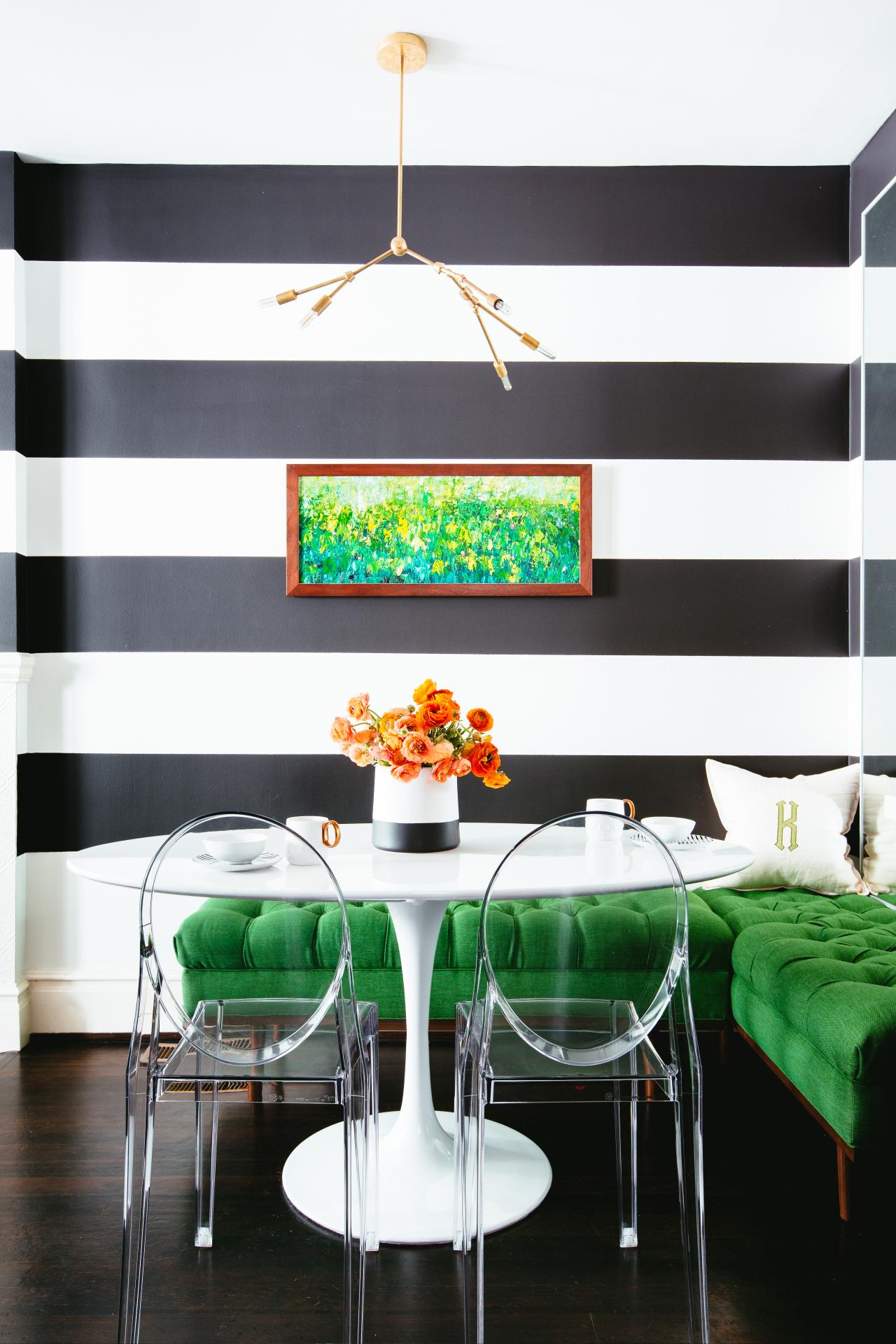 introducing the pantone color year greenery emerald green accent table bold black and white breakfast nook with thick wall stripes kelly shaped bench small modern dining antique