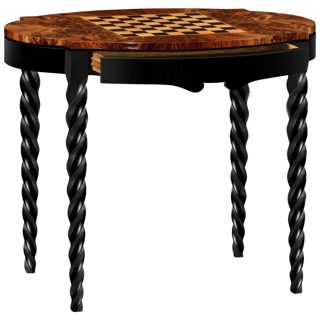 jonathan charles twist accent tables tro walnut crotch wood bla game table with black twisted legs sauder furniture large antique dining room kitchen corner cabinet drawer
