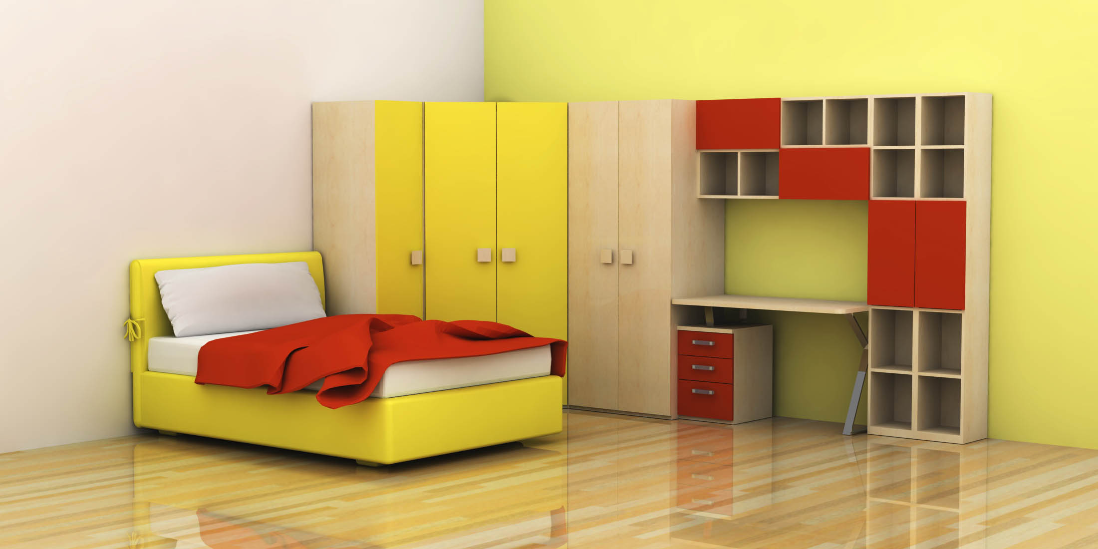 kids room cheerful bedroom inspire your eternal yellow furniture parquet flooring natural wood tile desk with bookcase shelves wooden cupboard divan frames white mattress long