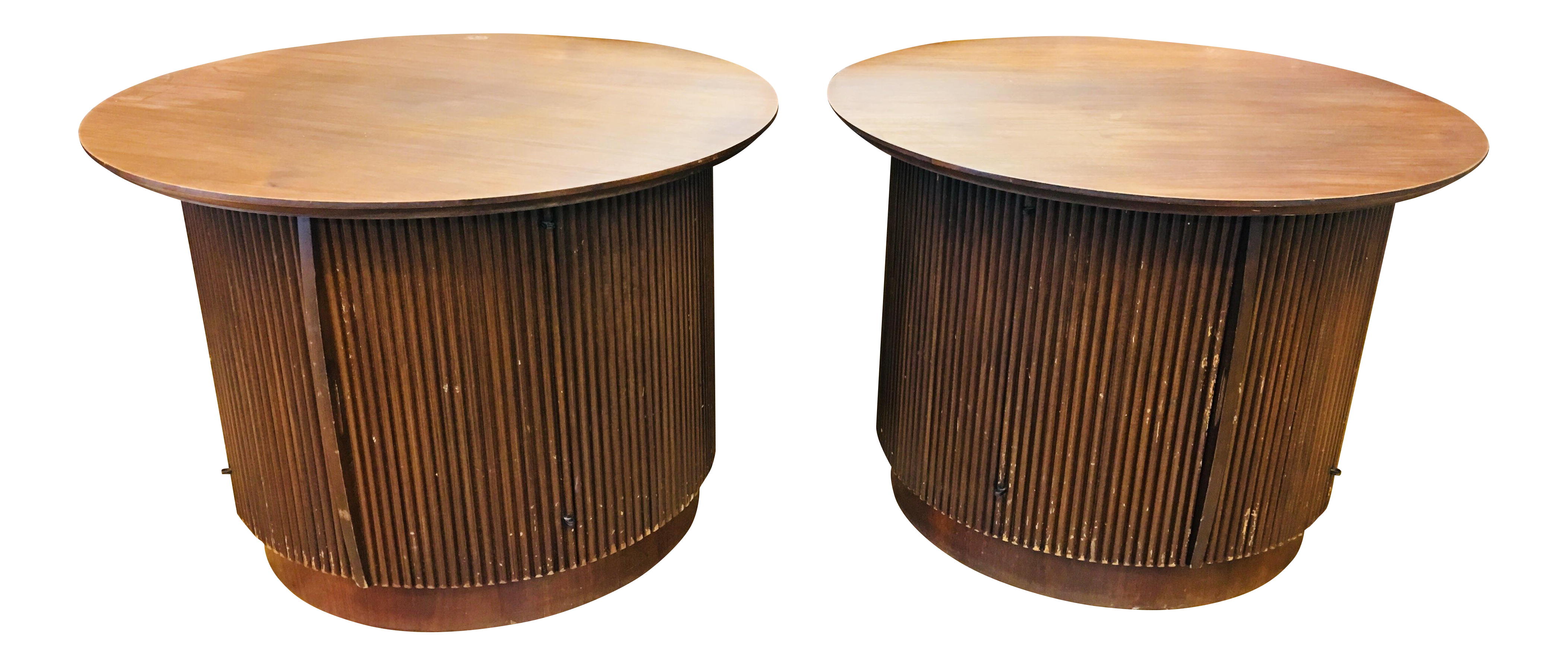 lane mid century drum walnut tambour side tables pair chairish outdoor table furniture decorative mirrors home decor ornaments best coffee for small living rooms simple trestle