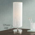 lighting modern accent table lamp with usb and power base brushed steel off white cylinder shade for living room dining centerpieces side furniture coffee cover ideas pier one 150x150