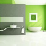 lime green accents wall paint for modern bathroom idea combine with grey decor over vanity table mounted bowl sink accent antique pottery barn metal coffee trestle supports small 150x150
