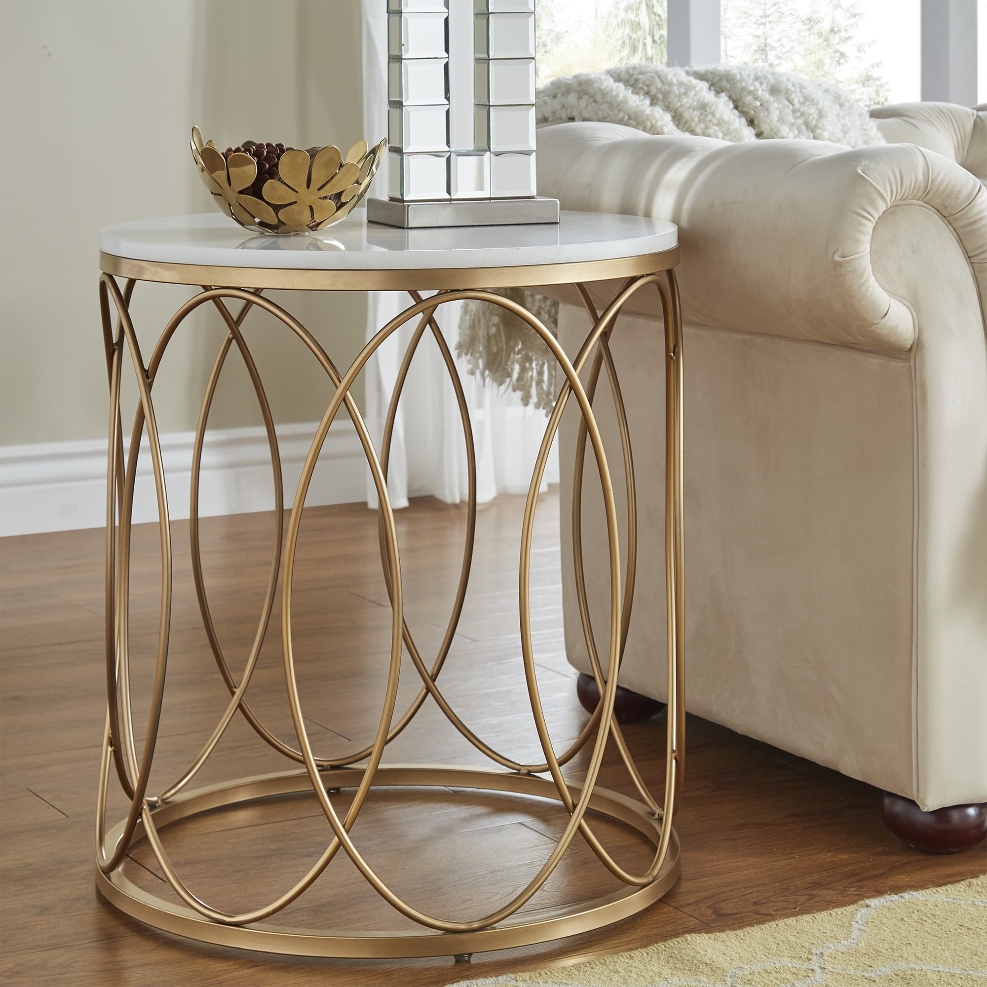 lynn round gold end table with marble top inspire bold accent free shipping today chairs under mosaic outdoor dining office wall cabinets oriental ginger jar lamps extendable