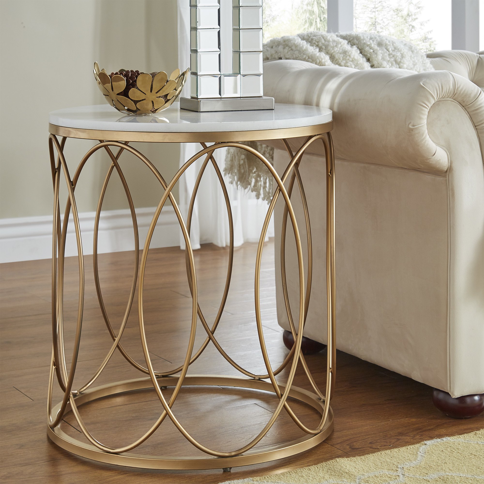 lynn round gold end table with marble top inspire bold accent free shipping today teak garden side dining cover set target mirror room essentials area rug windham cabinet teal