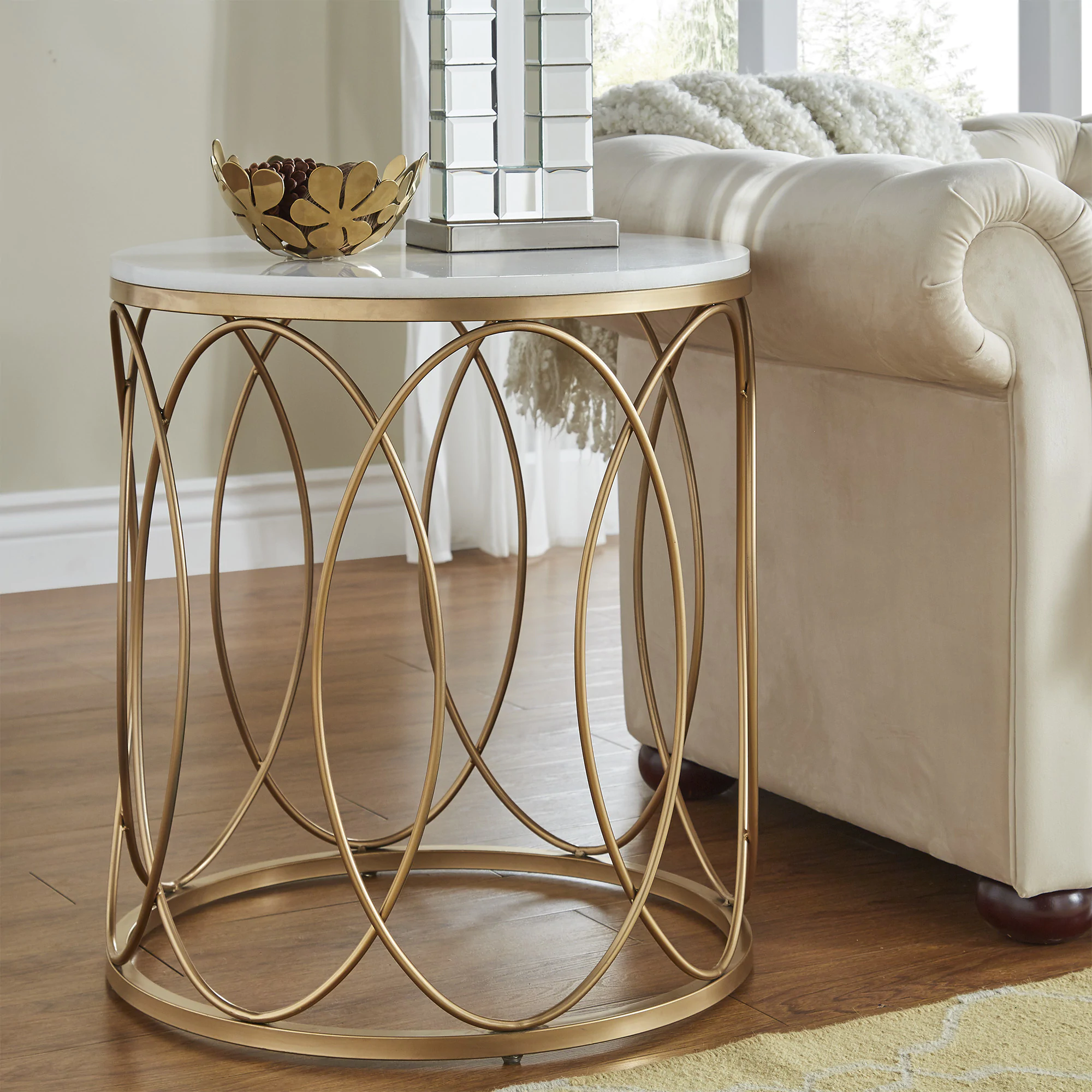 lynn round gold end table with marble top inspire bold accent free shipping today wicker garden furniture wire side plexiglass terence conran cool coffee tables metal tray small