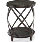 magnussen milford round accent table weathered charcoal and wood metal gunmetal hanging lamps tablecloths napkins decorator pottery barn small kitchen inch height end cabinet 150x150