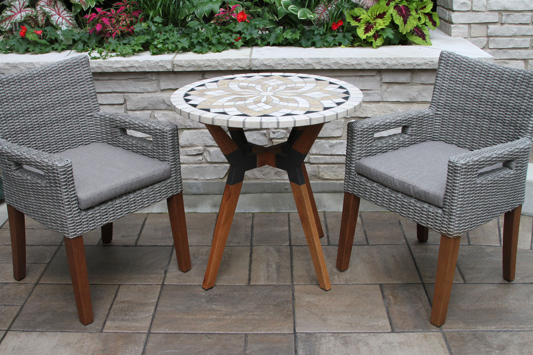 marble mosaic bistro table top with mixed material base wicker eucalyptus arm chairs olefin cushions accent trestle bench legs ethan allen round pedestal uttermost end tables inch