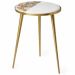 mid century influences lend the marble agate side table retro glass accent vibe this sleek metal furnishing showcases striking gold finish along petite round outside umbrella 150x150