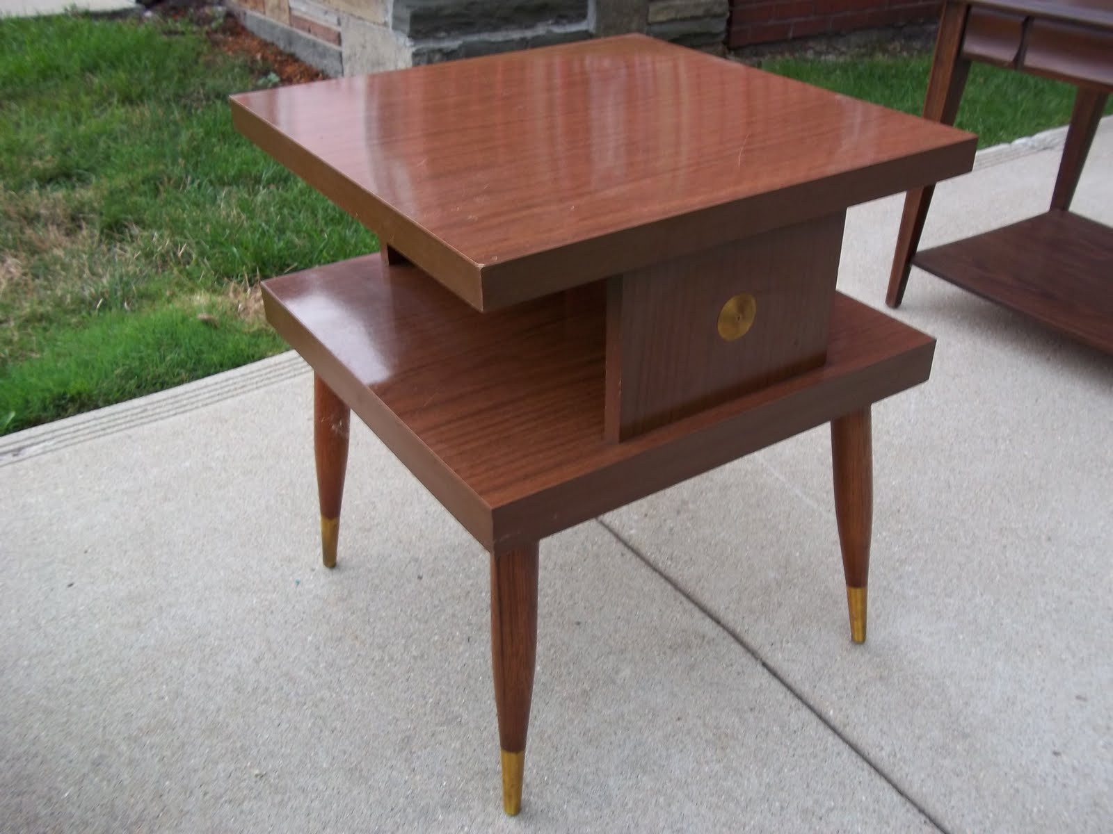 mid century tiered square side end accent table sold near perfect small laminate midcentury with solid wood legs gold medallion center and foot covers highlight this nice little