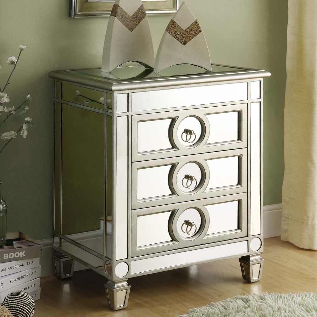 mini bedroom with monarch mirrored drawer accent table and natural maple hardwood flooring sage green painted walls silver ring pulls tables originalviews pottery barn white apex