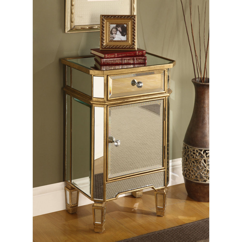 mirrored glass end table nightstand chest gold finish mid century accent tables and chests round small triangle corner target threshold windham cabinet nautical sconces indoor