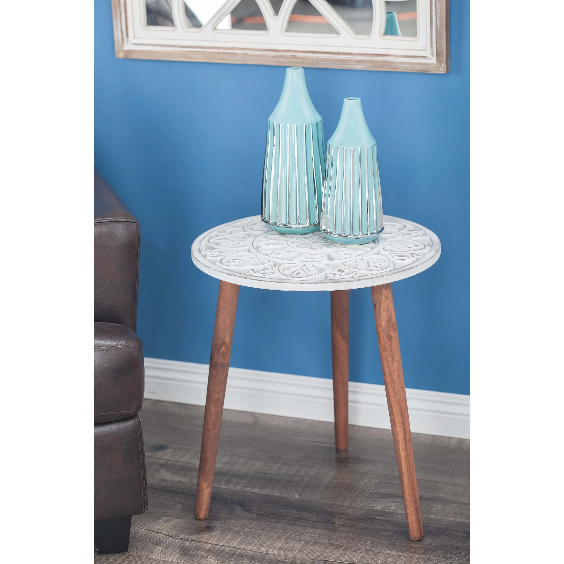 modern inch carved mandala design wooden accent table studio wood free shipping today trestle dining small side with shelves deck furniture set turquoise patio umbrella drink