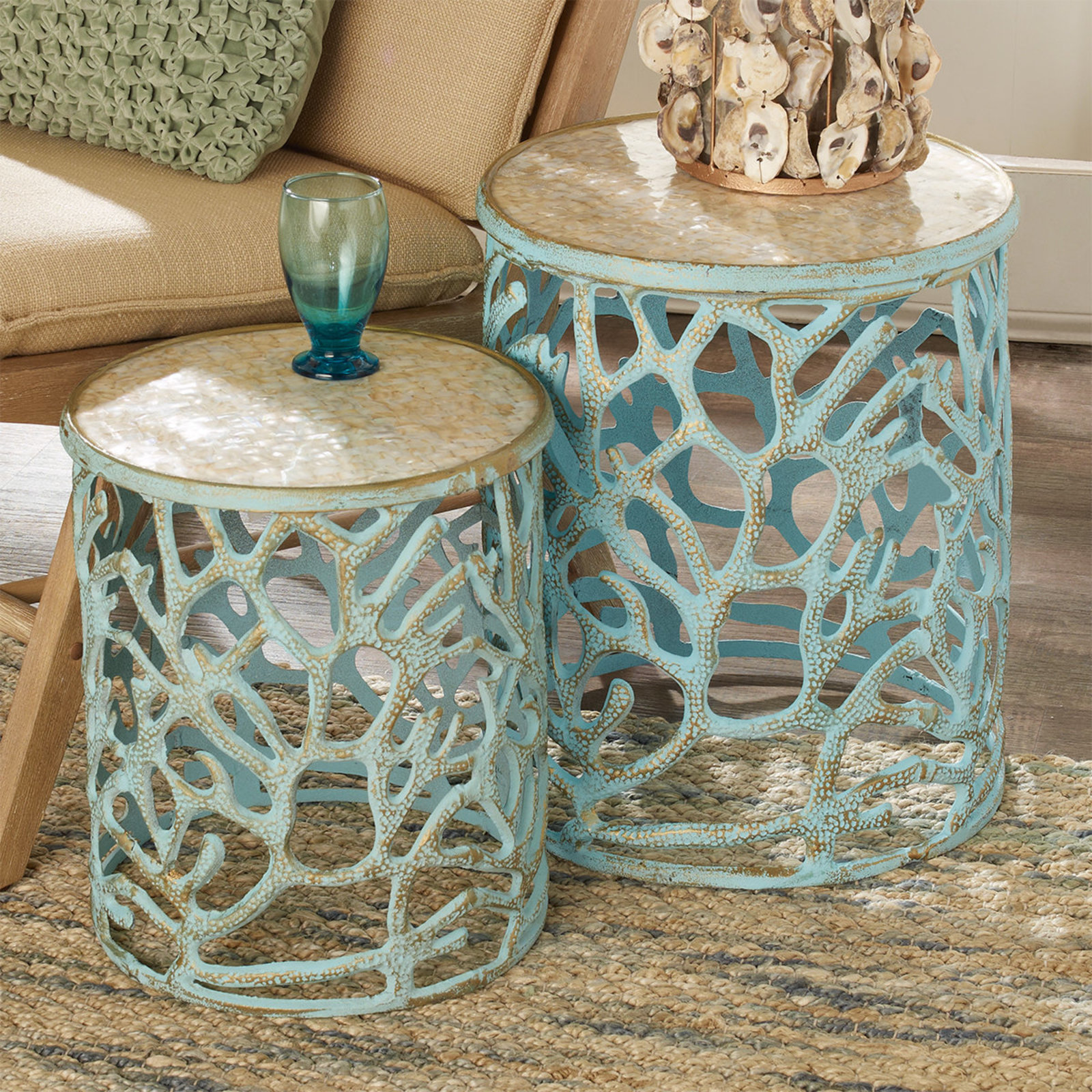 mother pearl coral accent tables shades light green metal table pear weathered blue small brass and glass coffee modern fixtures wood bedside hampton bay patio furniture legs ikea