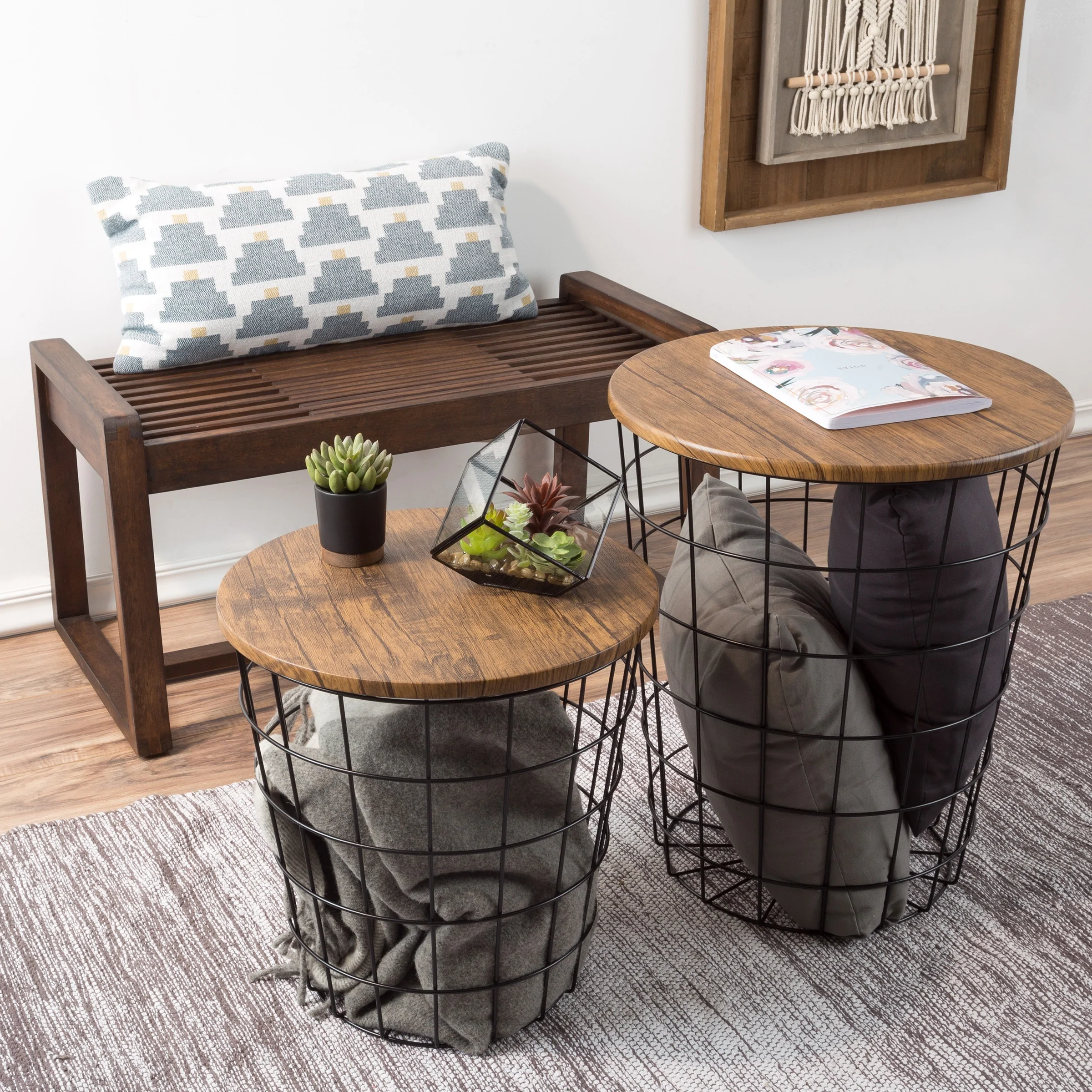 nesting end tables with storage set convertible round metal basket veneer wood top accent side lavish home wire table free shipping today large bedside green office and coffee