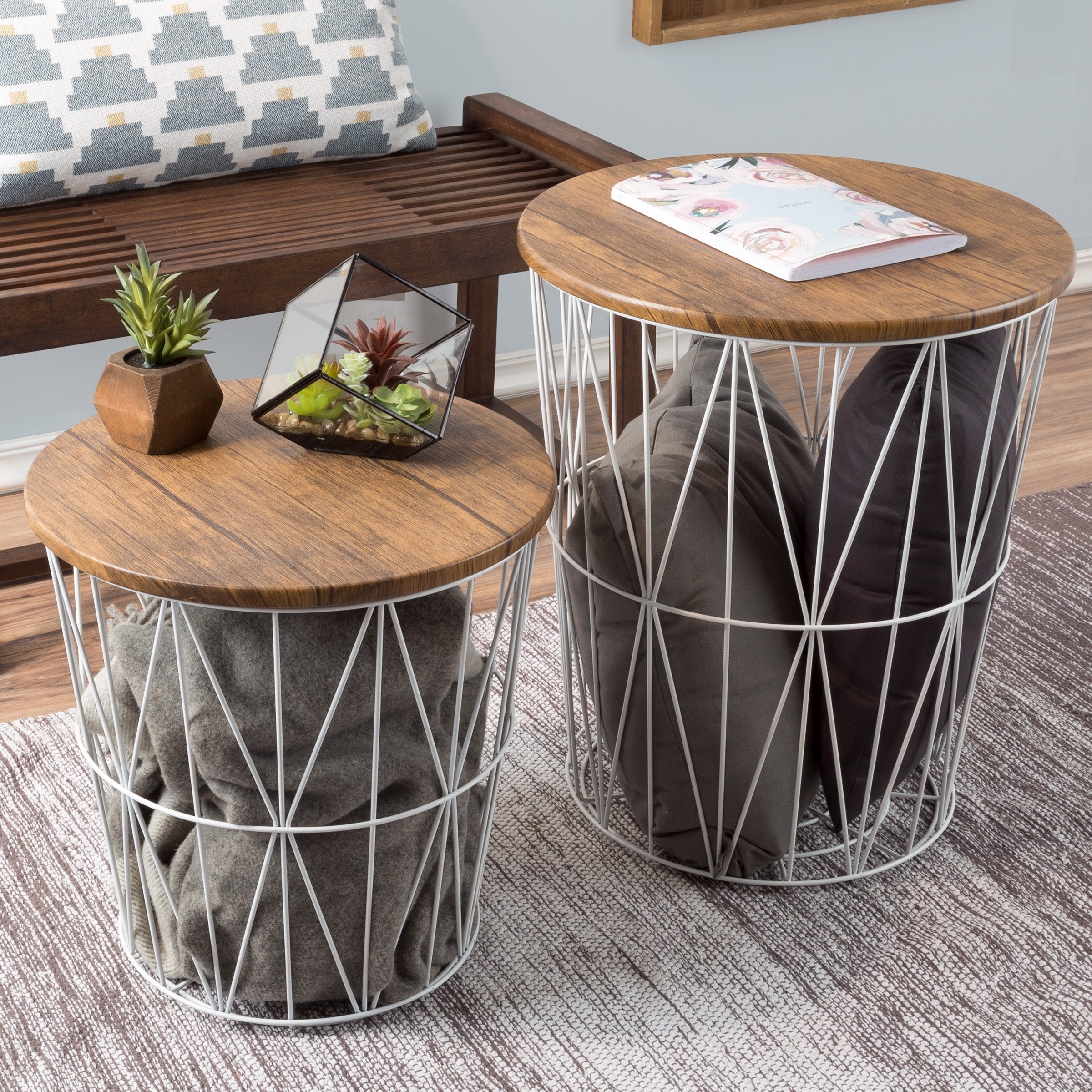 nesting end tables with storage set convertible round metal basket veneer wood top accent side lavish home wire table free shipping today mid century modern dining room plastic