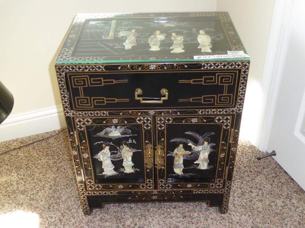 norcal estate auctions liquidation lot ese accent table vintage black lacquer mother pearl geisha girl storage glass top ashley couches lap desk target mission style rustic end