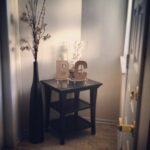 our neutral clean and simple entryway white walls black floor vase gallerie accent table florals pottery barn clear rocks artificial silver side metal living room tables 150x150