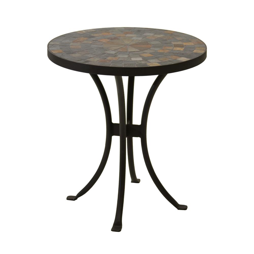 outdoor interiors round rustic slate metal accent table side tables patio umbrella dressing lamp house decoration things triangle cloth sofa chair design pier one imports bedroom