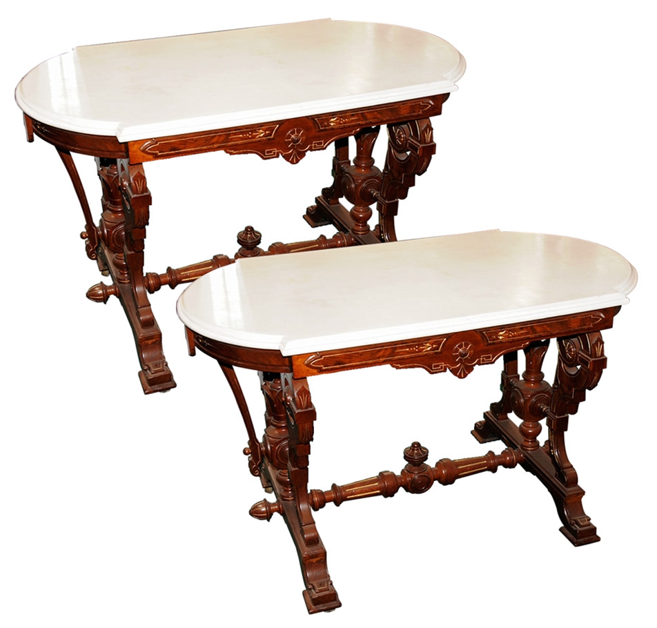 pair antique victorian marble top accent tables antiquarian traders table white round pedestal side blue and oriental lamps glass end pottery barn sofa covers tall wooden plant