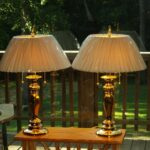 pair burnished brass accent table lamps tall nwob round decorative tablecloth pork pie throne wood pedestal stand stone top coffee ashley stewart furniture pottery barn flooring 150x150