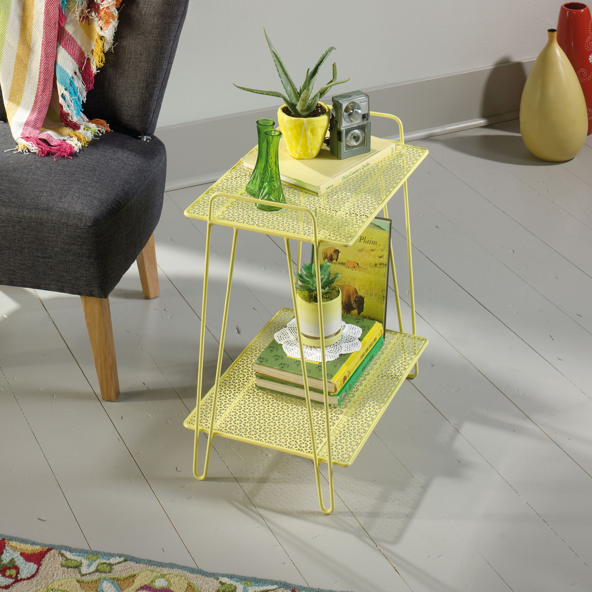perforated shelves contemporary accent table yellow mathis sgs outdoor porch furniture chairs for balcony shaped office desk mcguire snack narrow console with lucite and gold