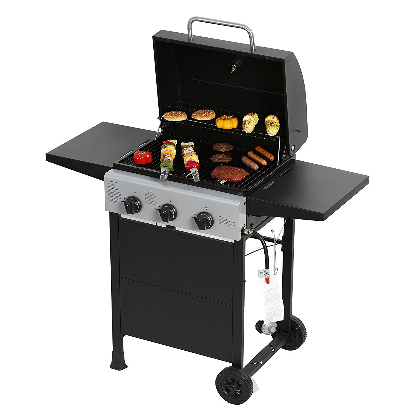 portable bbq gas grill stainless steel main burner barbecue with outdoor side table for two foldable tables offer more space and can folded down when not use tier small wooden