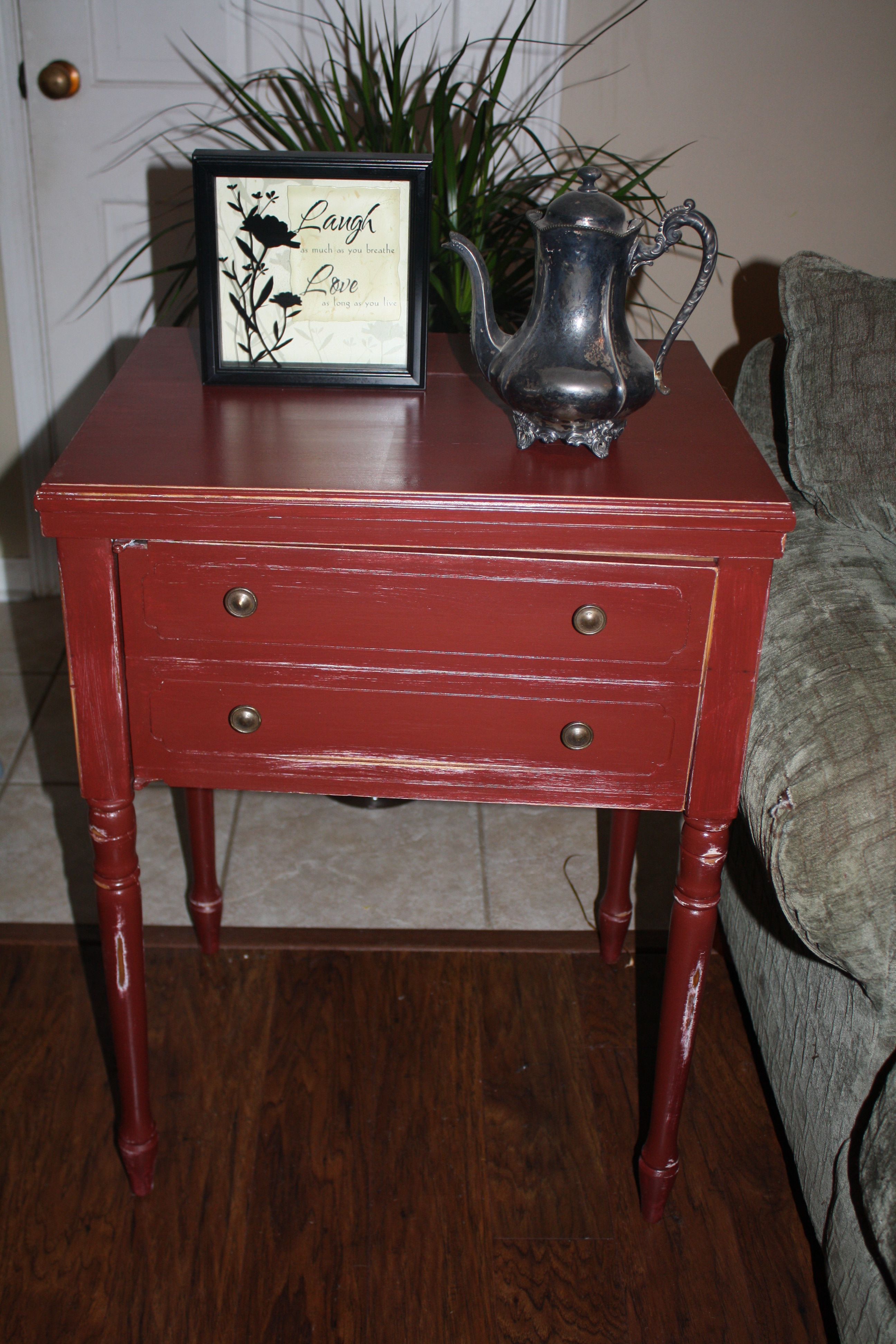 repurposed sewing machine table red side accent shabby wood chic old cabinet inexpensive kitchen sets pottery barn dining room outdoor corner rustic couch end tables wrought iron