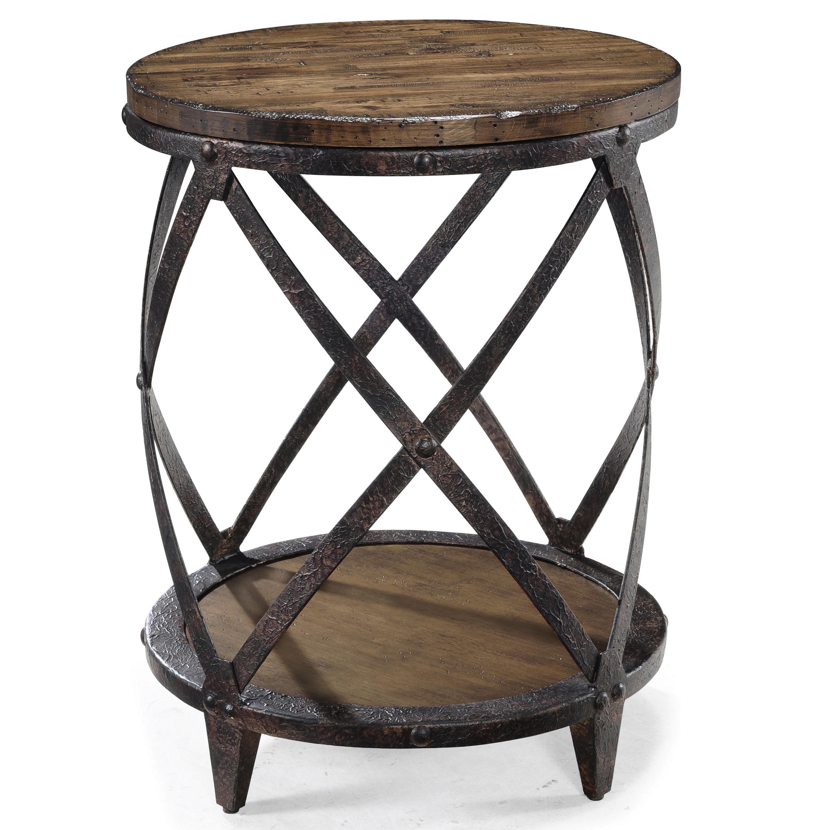 round accent end table with rustic iron legs magnussen home products color pinebrook small metal boutique floor lamps homesense patio furniture butler tray retro modern lighting