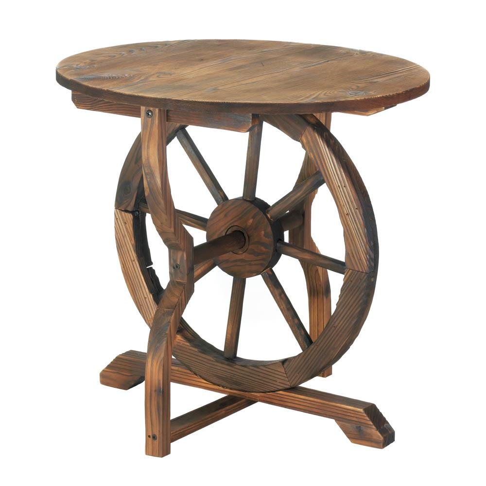 round accent table wagon wheel outdoor indoor side decor rustic patio wicker furniture covers wine rack dog kennel end tall bistro living spaces wall inch tablecloth navy blue