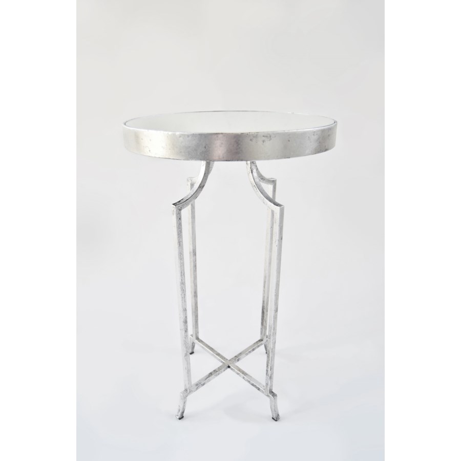 round accent table with mirror top silver leafed finish pedestal gold frame coffee lucite acrylic small chrome modern metal and glass pair lamps unique desk pottery barn dining