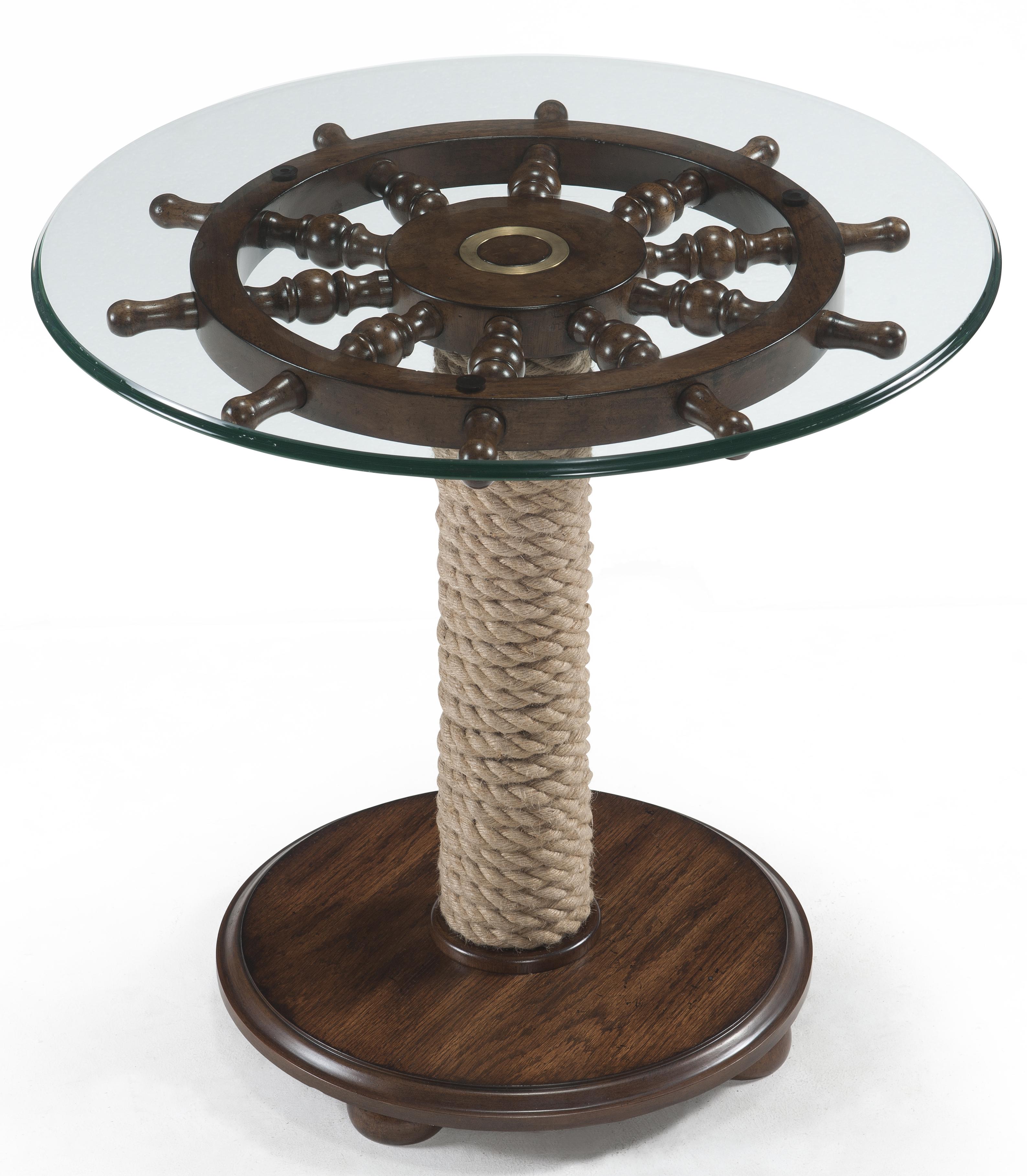 round accent table with tempered glass top ship wheel and wound products magnussen home color beaufort rope pedestal wolf gardiner furniture navy blue lamp shade tiffany hairpin