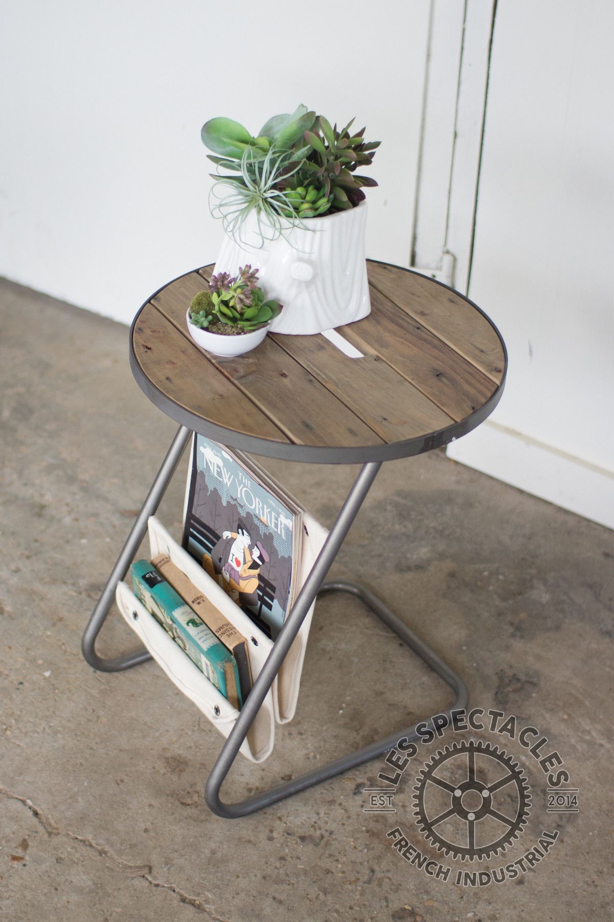 round iron wood side table with magazine hammock living room accent ikea storage furniture resin wicker patio teal kitchen decor comfy timber trestle legs carpet door trim modern