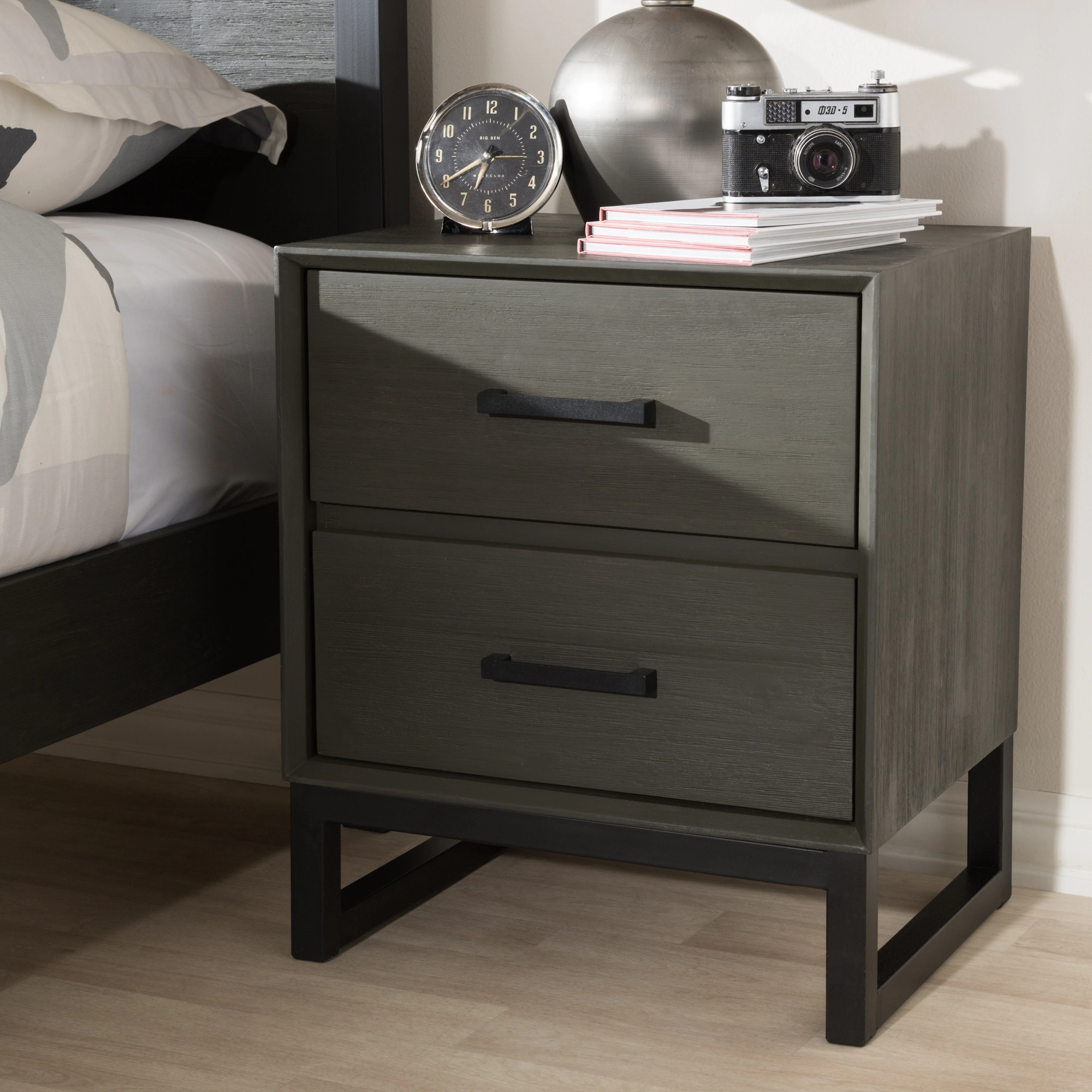 rustic grey wood and black metal drawer nightstand baxton studio room essentials patio accent table free shipping today mustard rug corner lamp cast aluminum set wade furniture