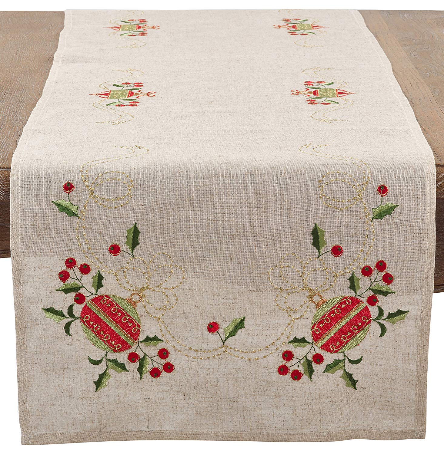 saro lifestyle embroidered ornament design christmas accent your focus table runner pattern linen blend natural home kitchen hampton bay furniture grey chairs wall real wood grill