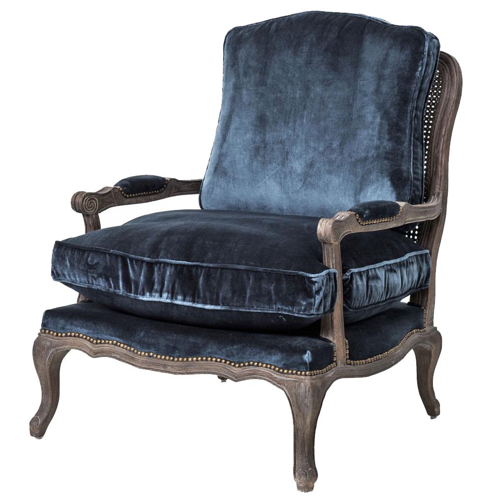 sasha blue velvet french style oak accent bergere armchair product round table kathy kuo home black side large marble coffee dog grooming bath jcpenney duvet covers island bar