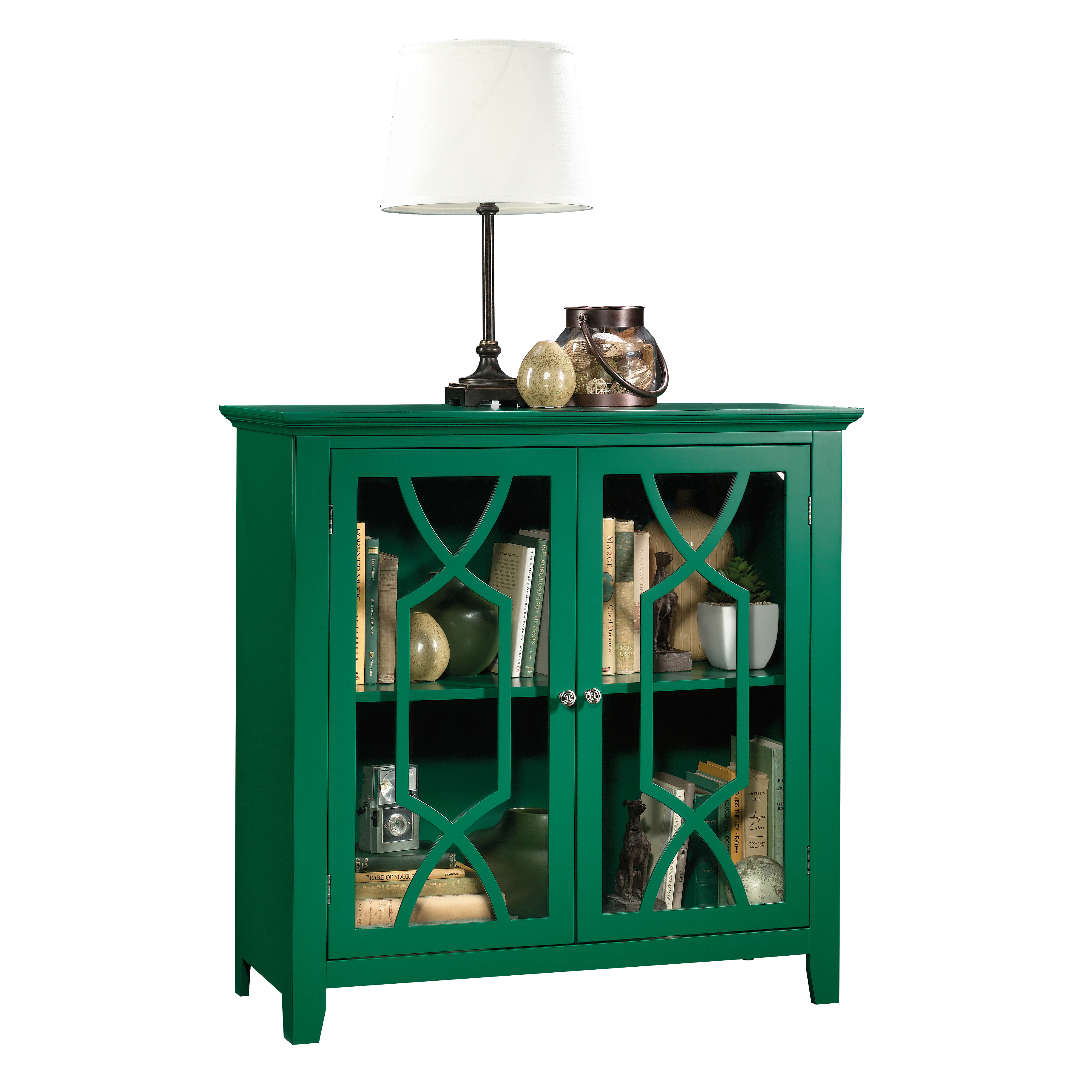 sauder shoal creek display cabinet multiple finishes jackson patio accent table hallway chest drawers two drawer mirrored bedside antique chairs drum shaped tables feature floor