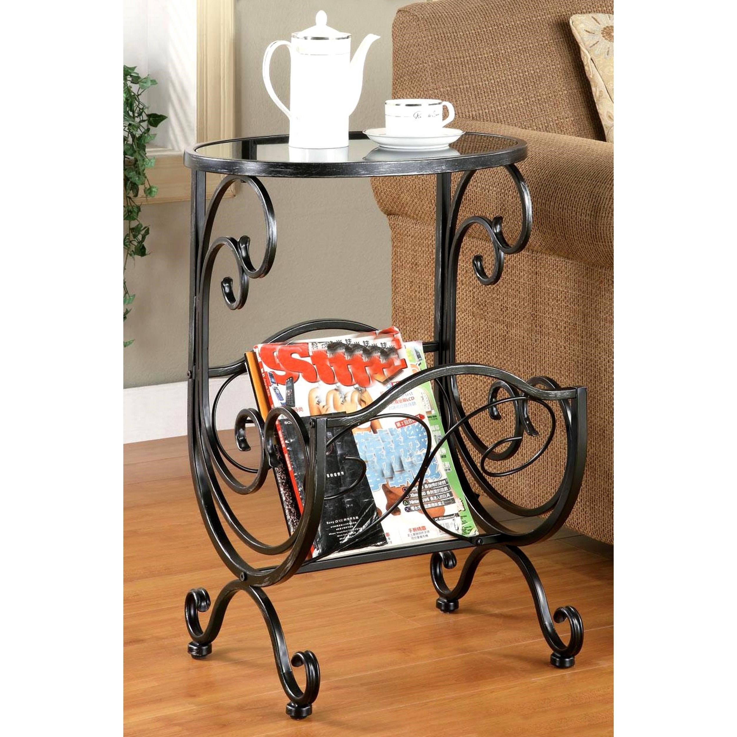 scrolling design metal and glass top accent table with magazine rack free shipping today walnut bedside country tablecloths made nest tables modern lamps for bedroom diy counter