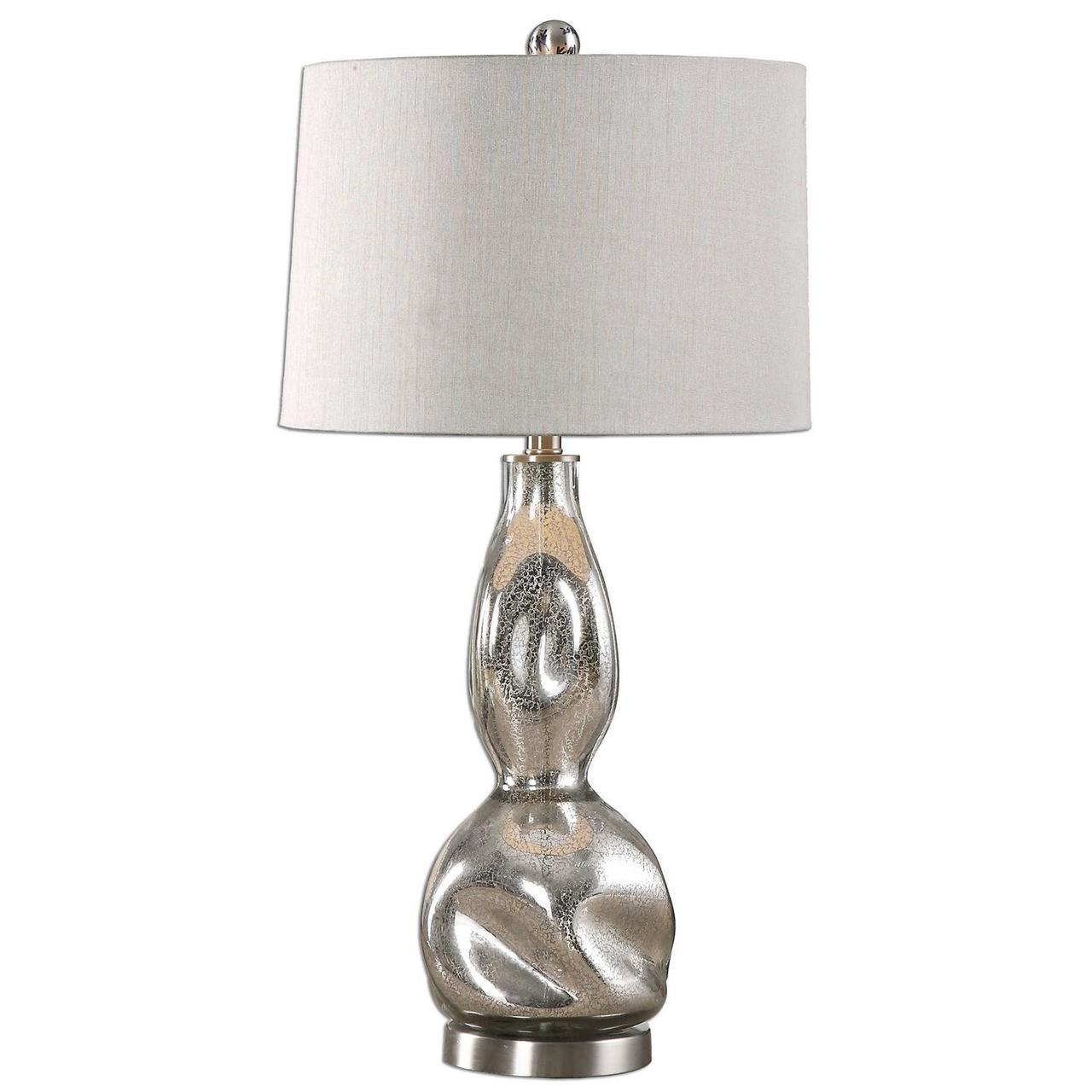 silver finish pitted mercury accent table lamp with round gray drum shade bourse cylinder dining room chairs arms antique white square coffee rectangle end drawer double pedal