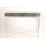 silver leaf accent table console elegant black glass box with floral etched accents encases three drawers brass hardware hand crafted wood legs long thin pottery barn teen floor 150x150