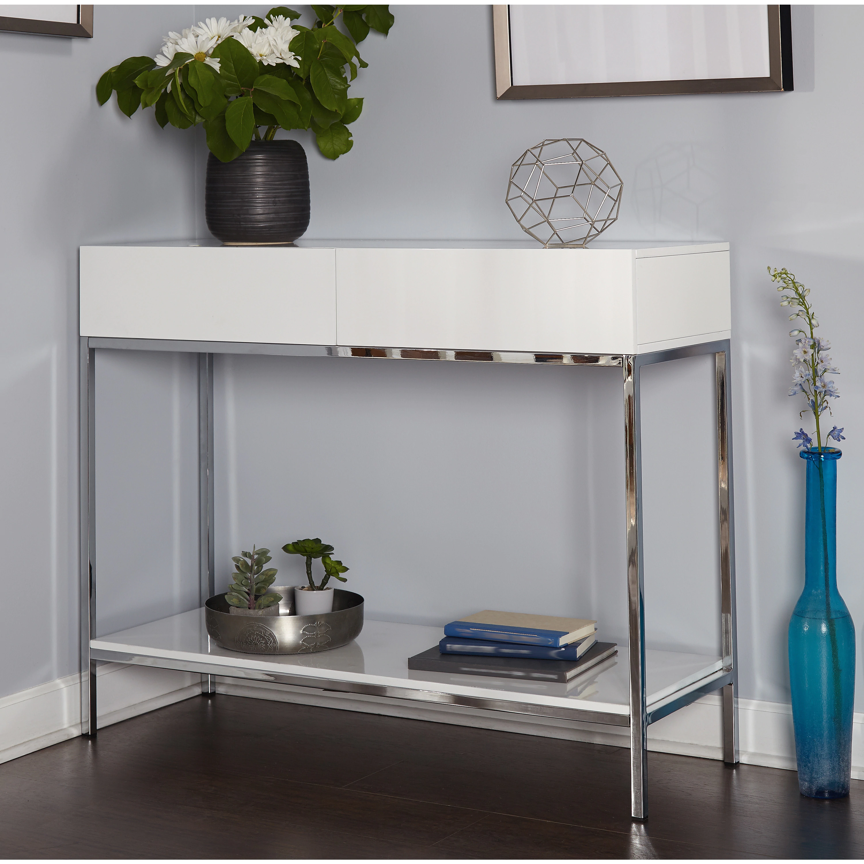 simple living white wood and chrome metal high gloss console table glass accent sofa with shelf free shipping today round counter height small outdoor patio umbrellas long slim