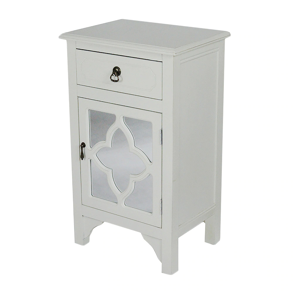 single drawer distressed decorative accent storage cabinet with clover glass mirror window inserts grey quatrefoil end table free shipping today maritime style lighting lanterns