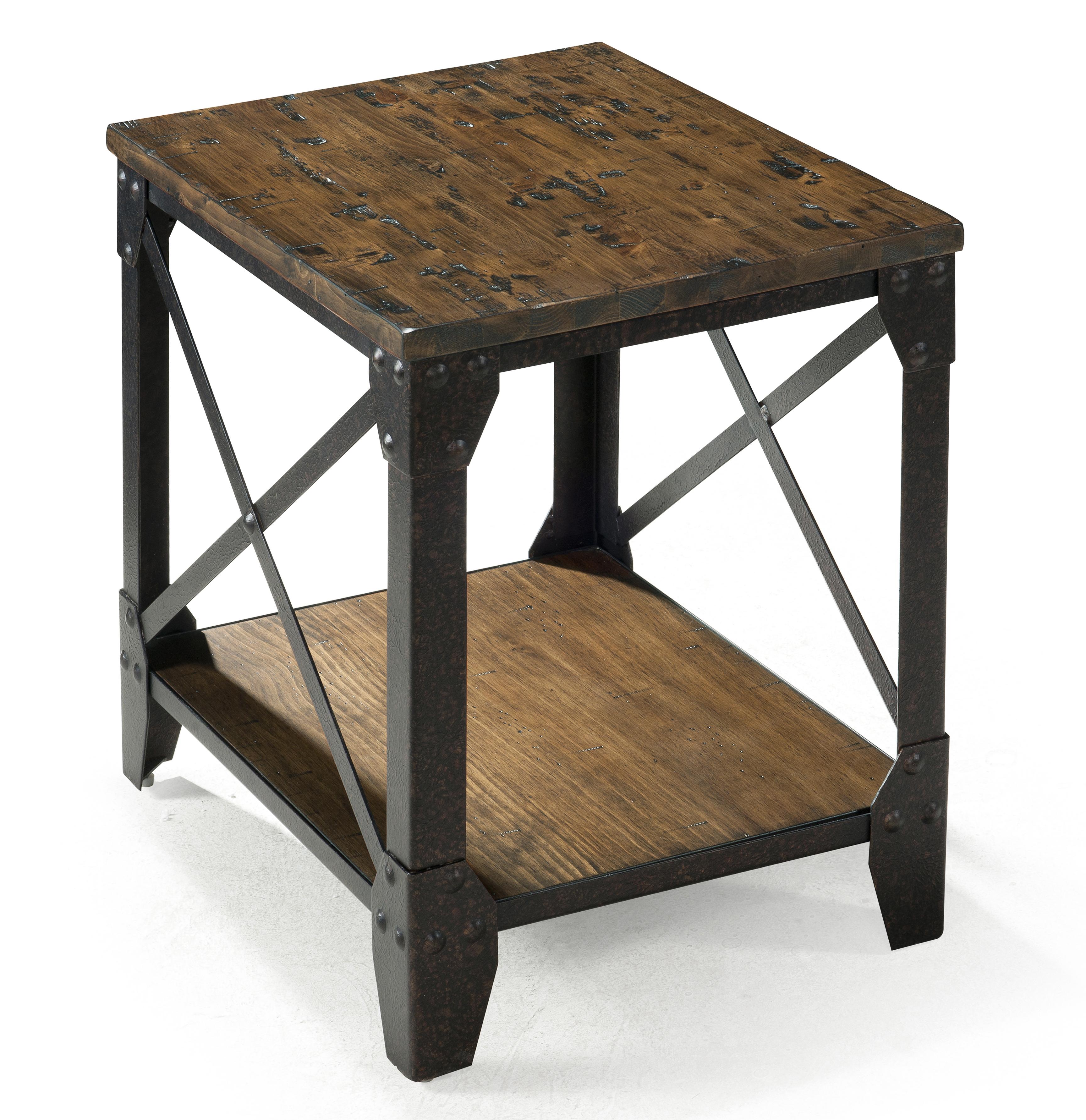 small rectangular end table with rustic iron legs magnussen home products color pinebrook accent long narrow bronze and glass side grey round tablecloth target project outdoor