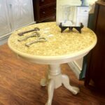 small round oak accent table painted with chalk paint color tables versailles decoupaged printed tissue paper annie sloan craqueleur and hand crackled ikea coffee side inch white 150x150