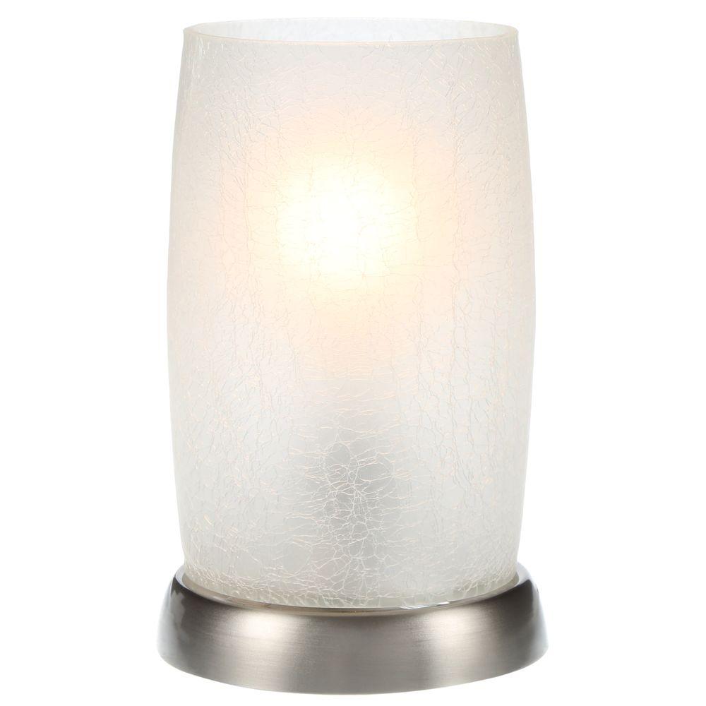 table lamps the stainless steel hampton bay mini accent brushed nickel lamp with frosted crackled glass shade pottery barn wood desk valance curtains mosaic side round one leg