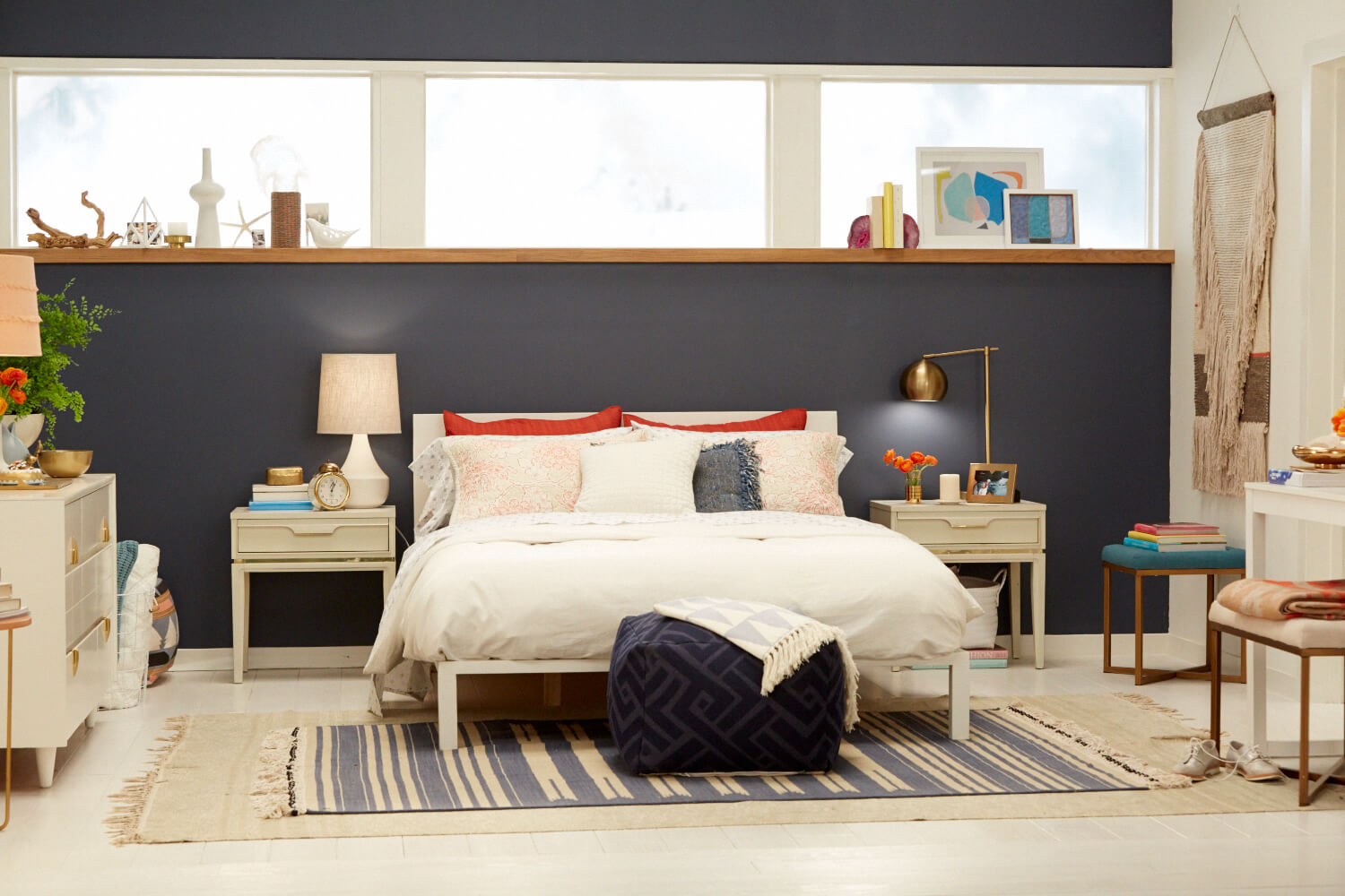 target chapter navy blue accent wall bedroom makeover emily henderson bedding midcentury modern table outdoor barbecue wood and metal dining patio chair cushions grill grates