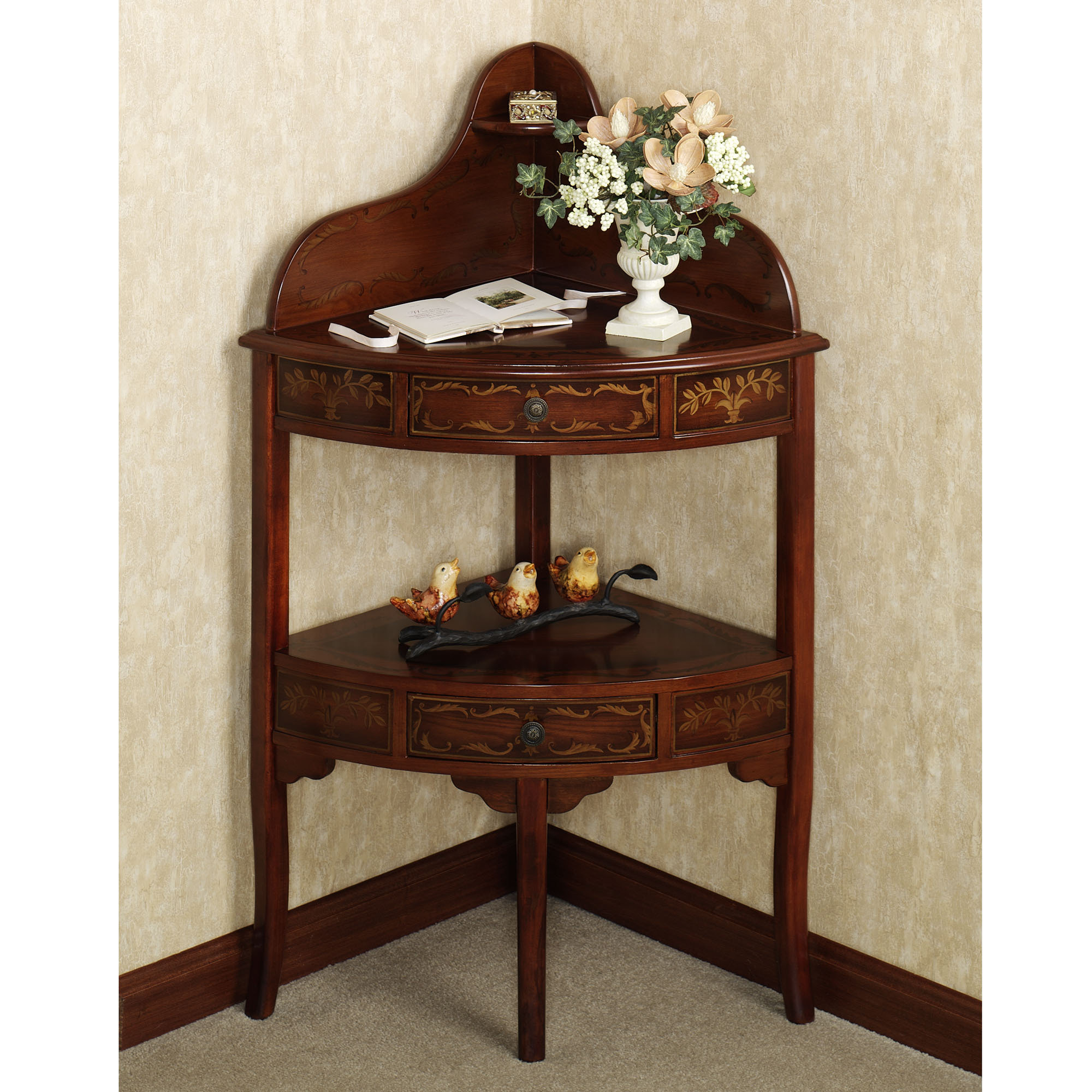 terrific triangle corner table with amazing design ajara decor interior brown wooden curving fornt and drawers depend two shelves three legs placed the gray floor accent runner