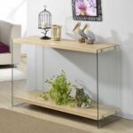 the avery console table features light wood finish top with glass accent sides this two staggered shelves providing functionality and pendant lighting build coffee wicker 150x150